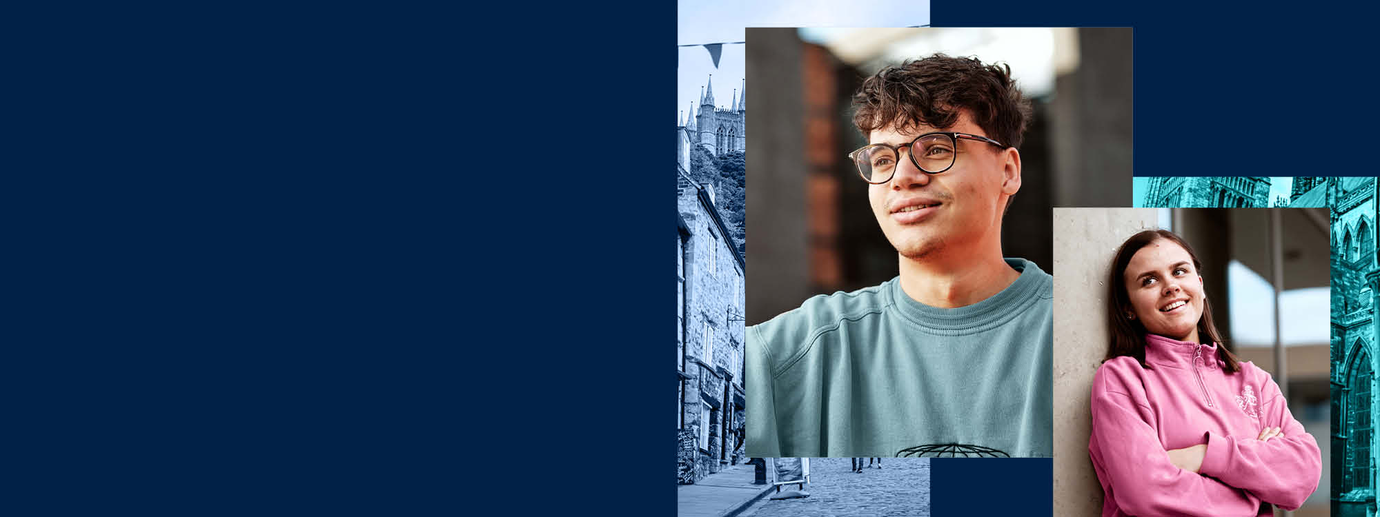 Two students on a blue background