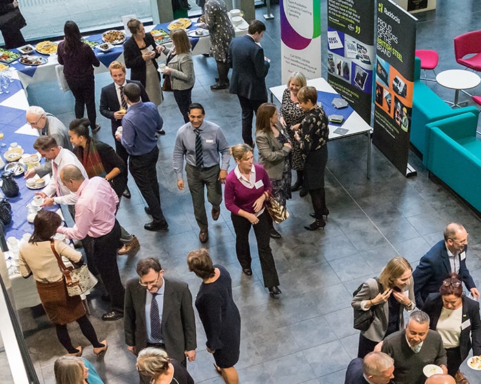 An elevated view of business people networking