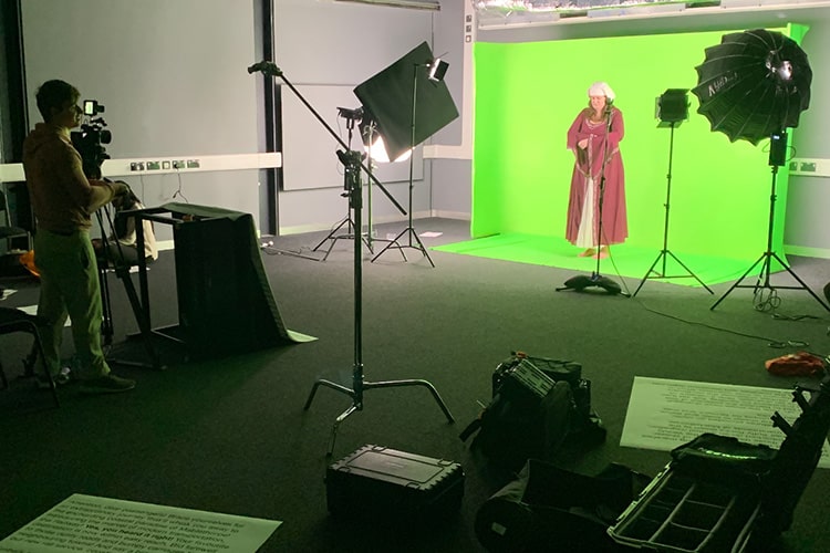 Film studio with green screen