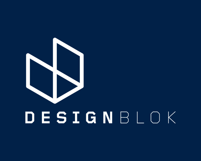 White Designblok logo on navy background