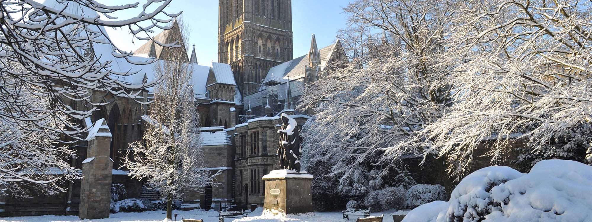Lincoln Cathedral and Tennyson's State covered in snow