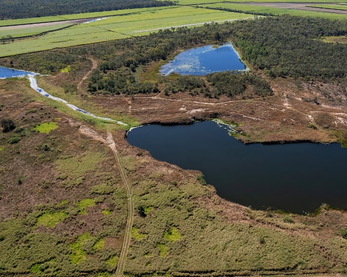 Aerial shot of reservoirs for water catchment