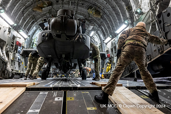 Military personnel loading an apache helicopter onto a plane